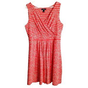 Lands' End Sleeveless V-Neck Dress Orange Red Polka Dot Stretch - 14/16 (L)